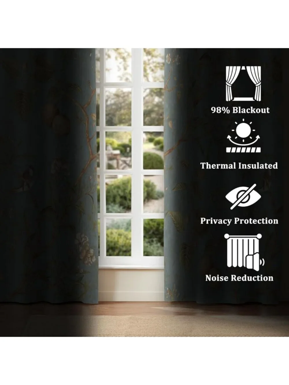 Vintage Floral Blackout Curtains 42x84 Inch, Grommet Drapes for Bedroom & Living